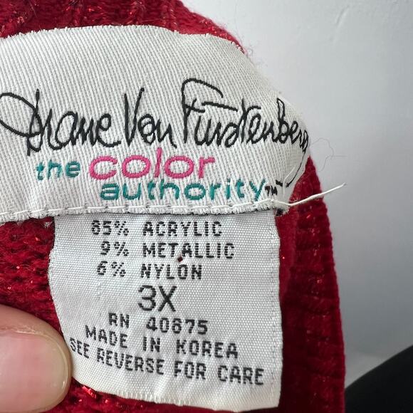 Vintage DVF Diane von Furstenberg Red Metallic Sweater V-Neck Pullover Size 3X - Picture 9 of 10
